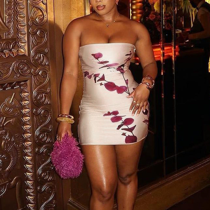 Sexy Breast Skirt Party Slimmed Print Thin Babes Hip Dress Dress DJPT