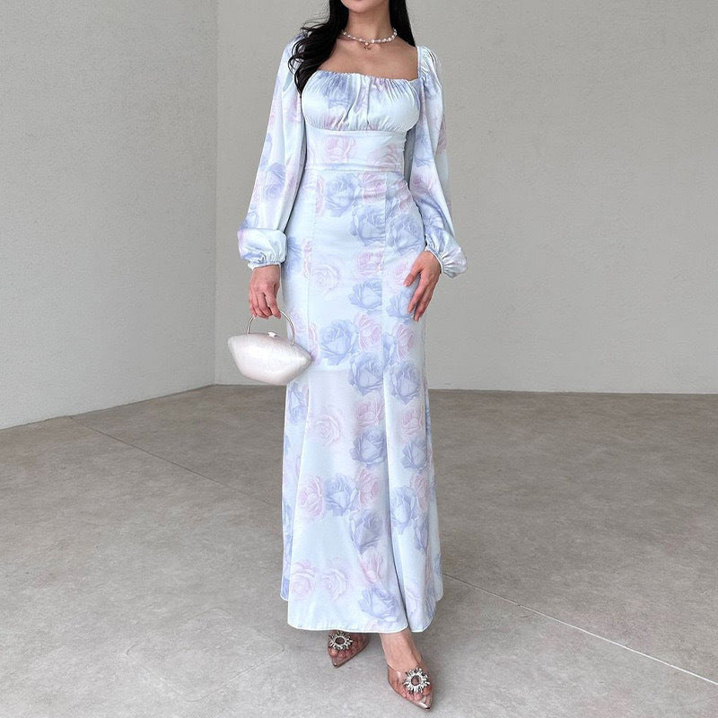 Women's Autumn French Style Collar Lantern Sleeve High-Waisted Body-Body-Cuffed Kite Skirt