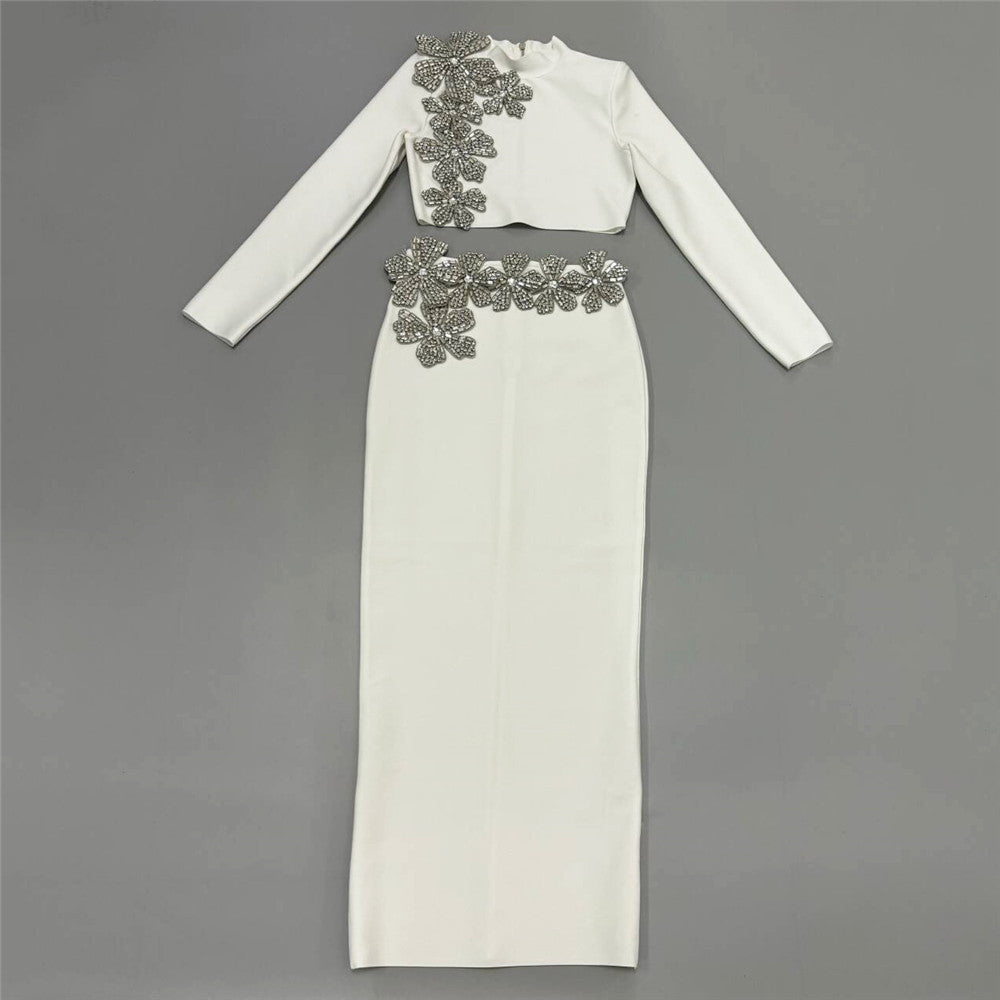Fashion Diamond-Staggered Bandage Skirt Set Long Sleeve Half-Necked Short Blouse Dress Two-Sleeve Woman