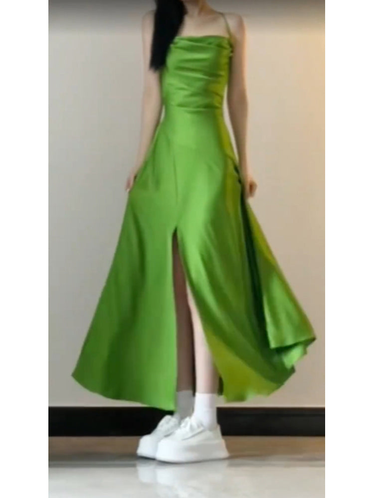 A line Spaghetti Straps Green Holiday Dress Satin Birthday Dresses Birthday Outfits SD1293