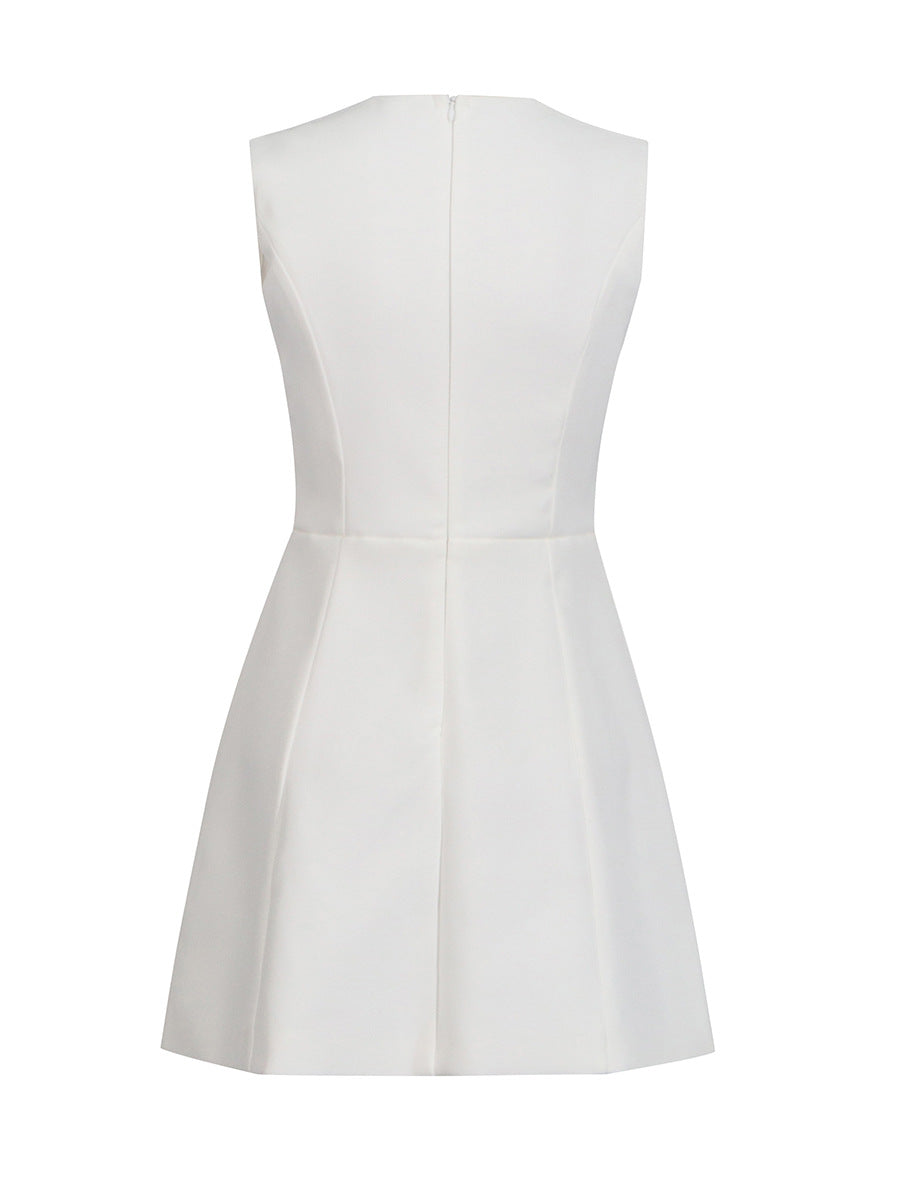 Elegant Wind Vest Dress 2025 Summer New Round Neck Nail Diamond Flowers Solid Color Short Dress Dress Woman