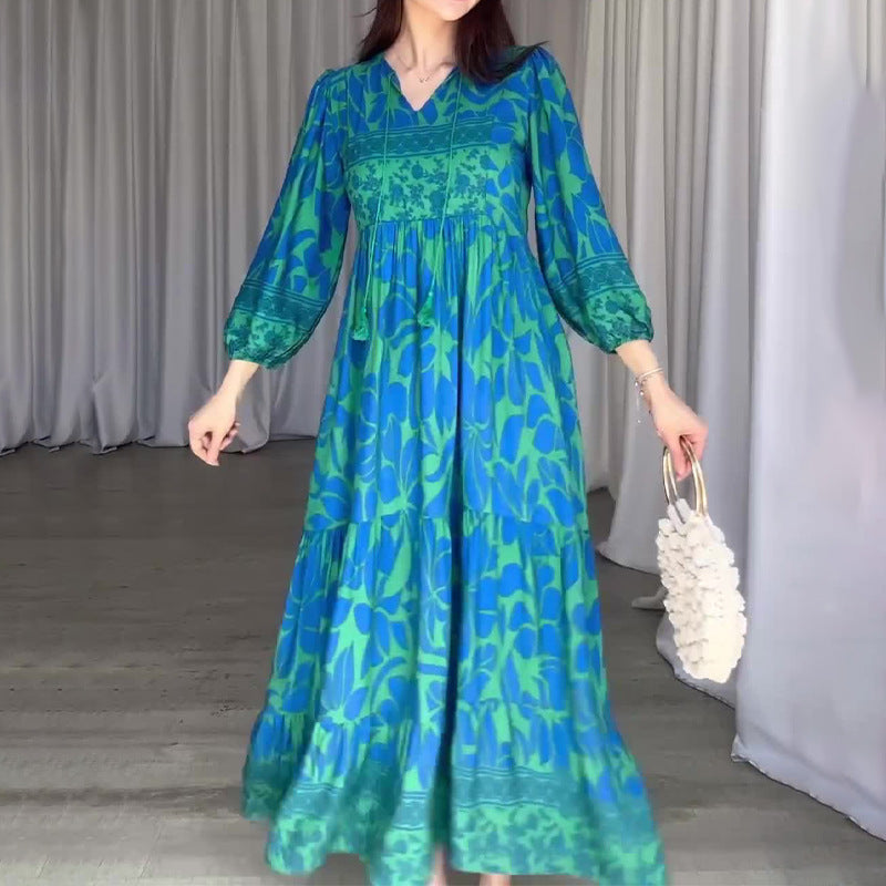 Women's Autumn New V-Necked Lantern Sleeve Print High-Waist Retro Long Dress