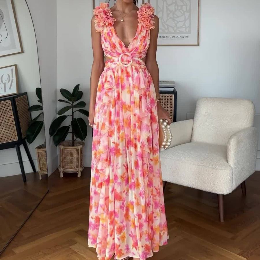 New Fashion Casual Home Sexy Printing Tie With Waist Folded Dress Woman