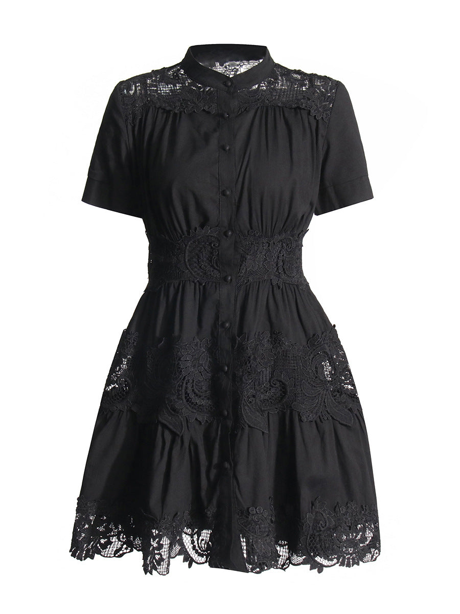 Retro Court Style Dress 2025 Spring New Heavy Industry Court Wind Hollow Waist Short Dress Woman