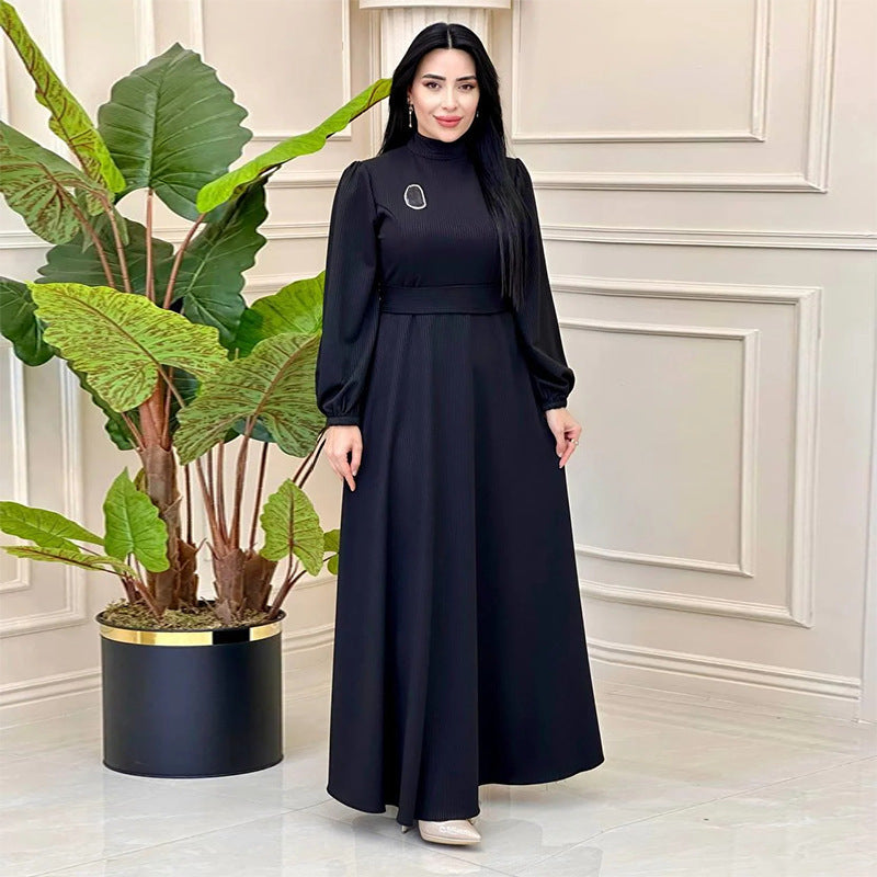Muslim Solid-Colored Belt-Lending Dress Woman In Autumn 2024