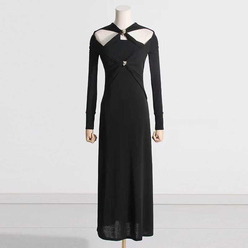2024 Hanging Neck Long Sleeve Dress Slim Light Luxury Sexy Long Dress