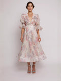 Style Dress 2025 Summer V-Neck Bubble Sleeves Mid-Sleeve Fresh Sweet Three-Dimensional Flower Print Dress