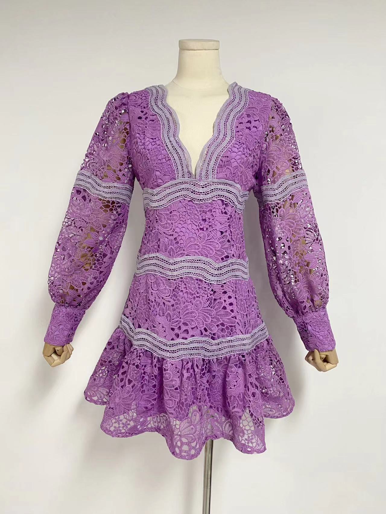 Autumn New V-Neck Lantern Sleeve Splicing Hollow Design Short Dress Woman