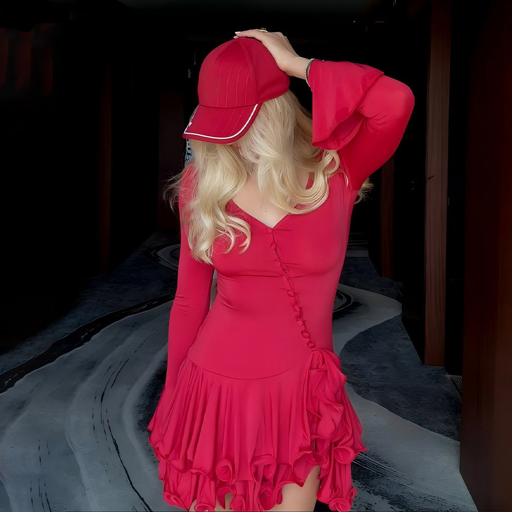 New Hot Horn Sleeves To Close The Waist Short Dress Sexy Hottie Single Buckle Dress Woman HZ0628