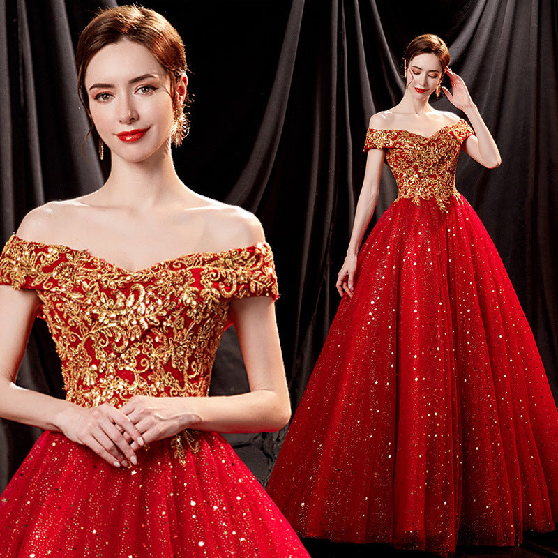 2025 New Dry Verted Gold Red Bride Wedding Toast Solo Stage Performance Evening Dress