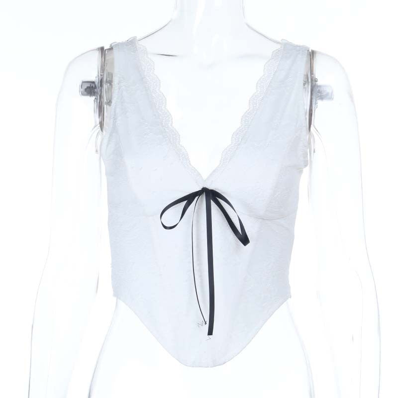 Summer New Lace V-Neck Bumped Ribbon Belt Belt Sling Vest Top DJPT