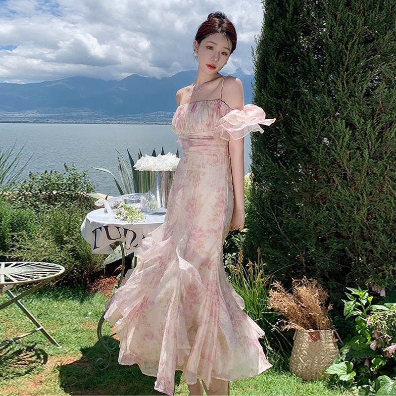 Bubble Sleeve Chiffon Flower Hanging Dress Women Summer Seaside Holiday Super Fairy Long Dress