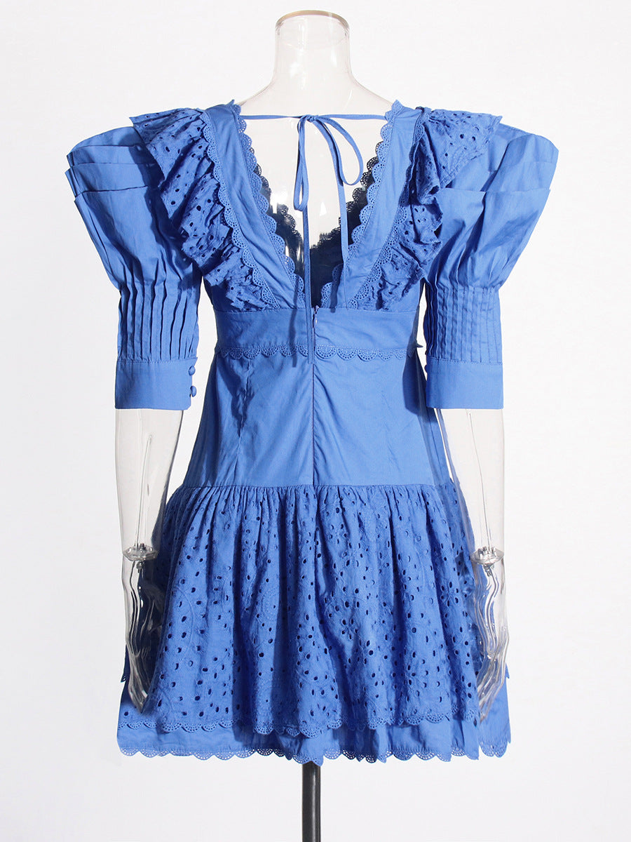 Romantic Court Style 2025 Spring New Fashion V-Necked Sleeve Lace Laminated Short Dress Woman