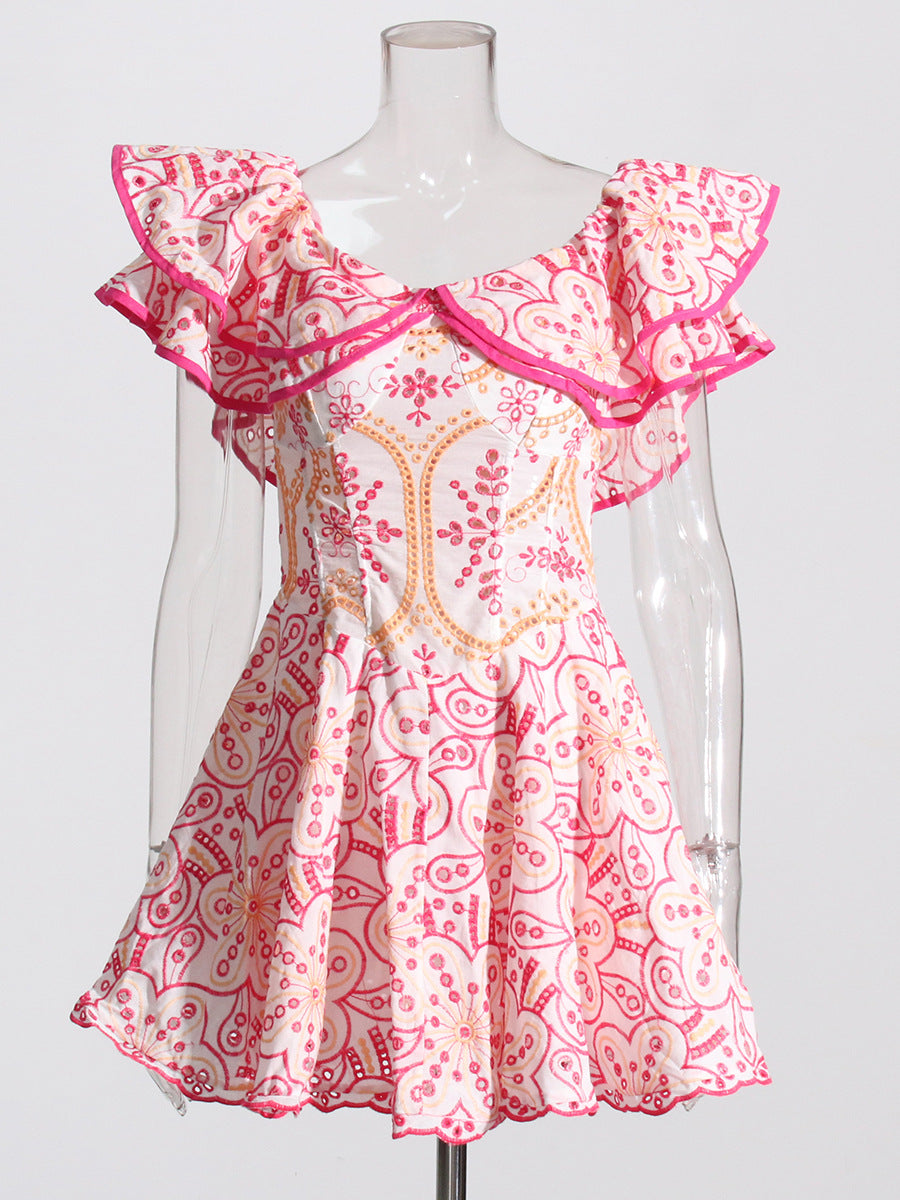 Bohemian Short Dress 2025 Spring New Word Collar Leaves Embroidered Hollow Dress Woman