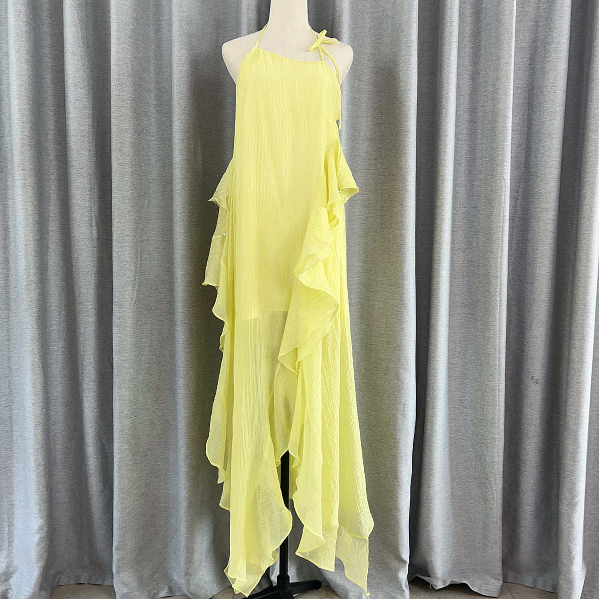 New Lotus Leaf Side Collar Hanging Neck-Loan Dress Seaside Holiday Atmosphere Dress
