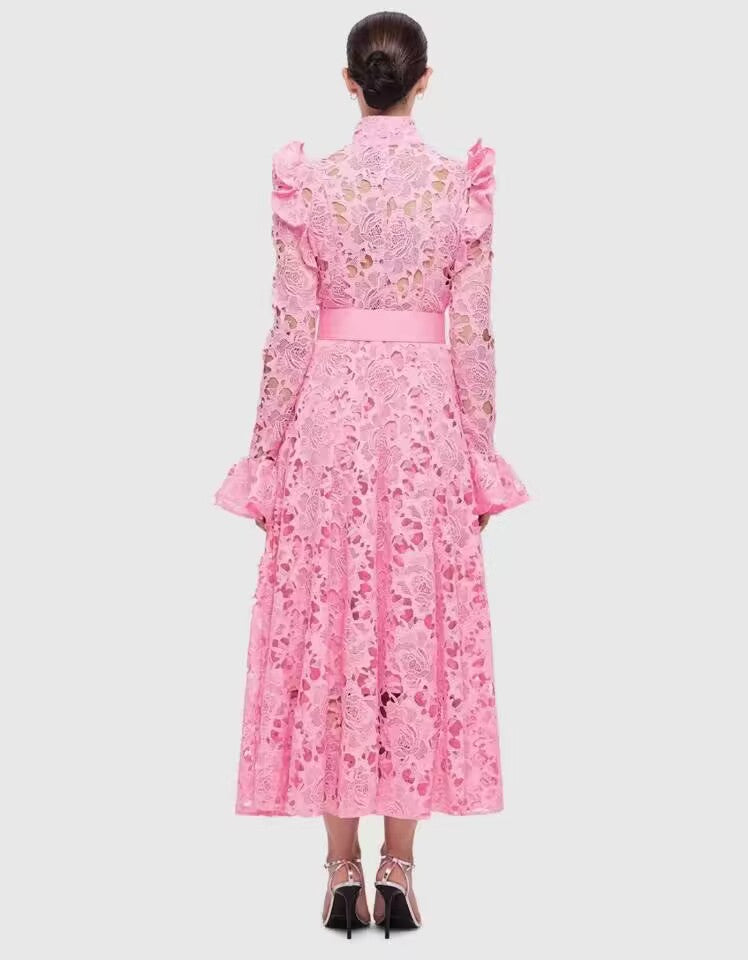 Dress Dress With Lotus Leaves With Belt Famous Temperament Sweet Water-Soluble Lace Dress Dress Dress