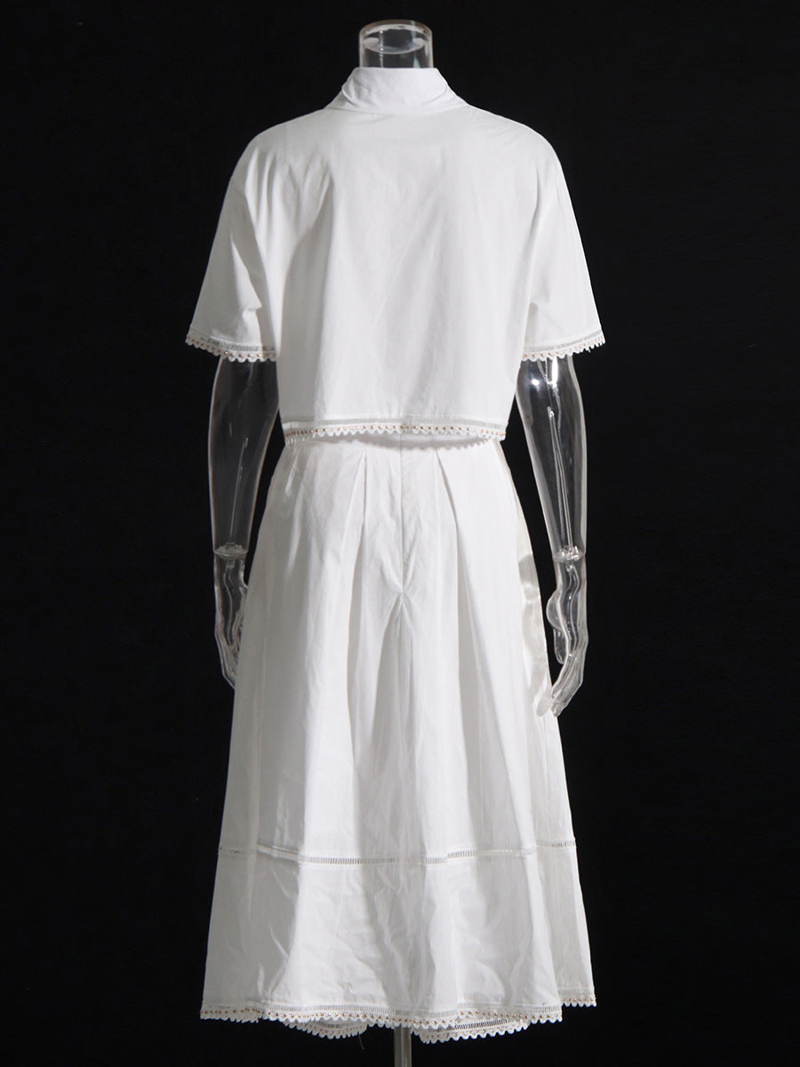 Summer New Collar Short-Sleeved Shirt + High Waist Long Skirt Lace Embroidery Two-Set Suit Woman