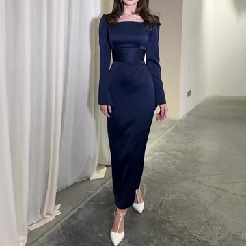 2024 New Women's High-End Slim Temperament Showing Lean Long Sleeves Pure Color Evening Dress Dress