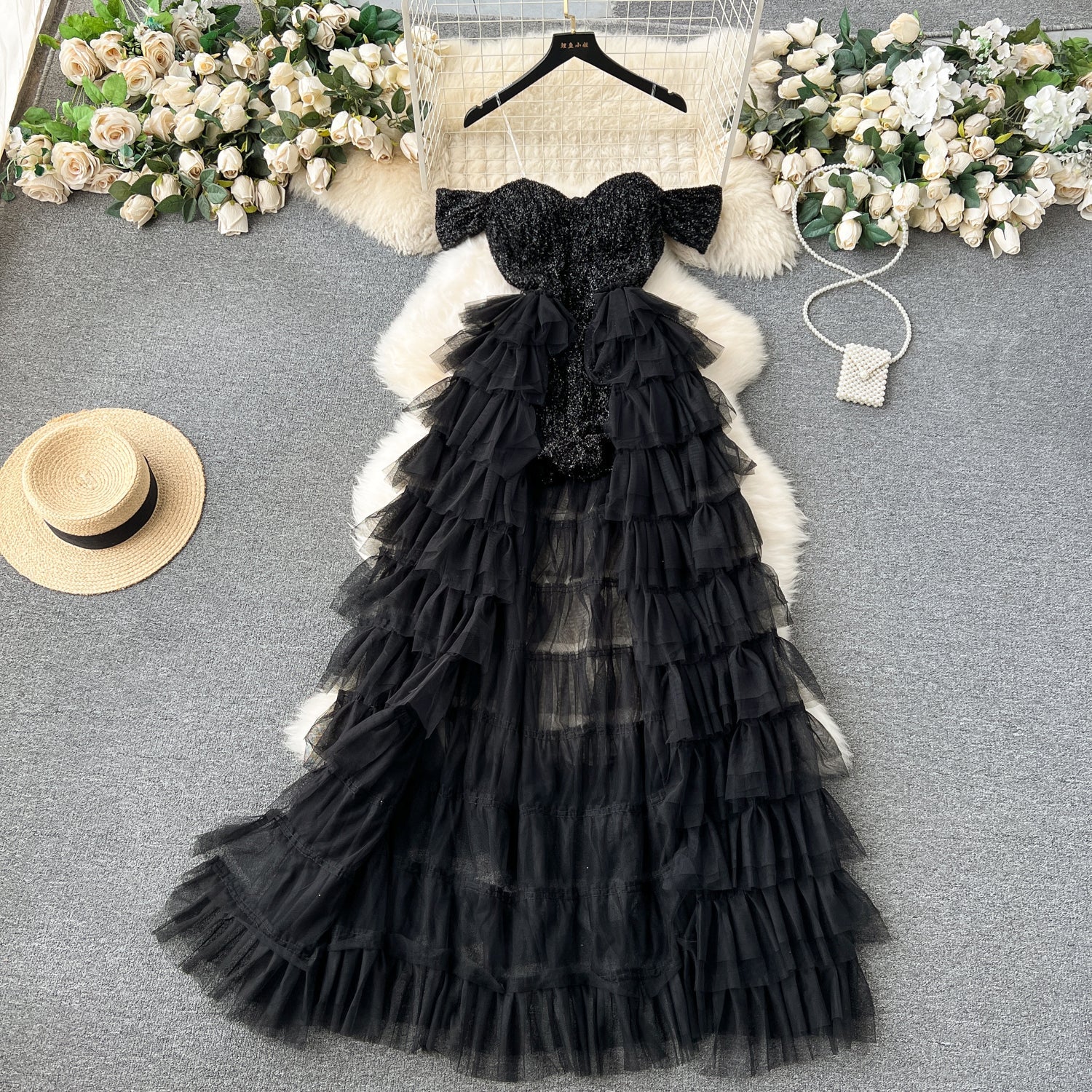 A line Off The Shoulder Tulle Short Sleeves Black Tulle Holiday Dresses Ruffles Women Dress SD1269