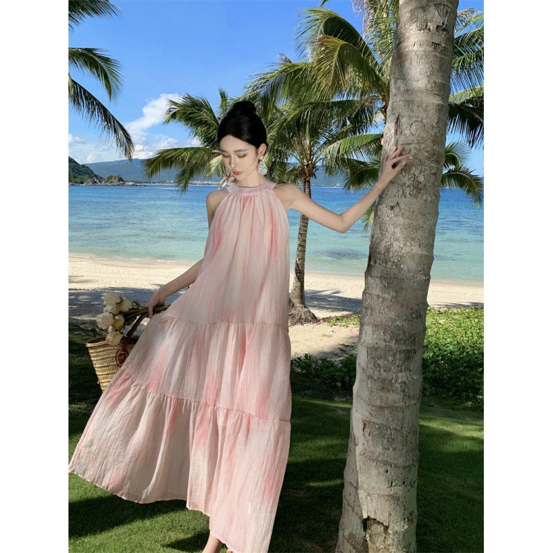 Hanging Neck Dress Women Summer Long Dress Small Pink Sleeveless Seaside Holiday Tie Dye Dress