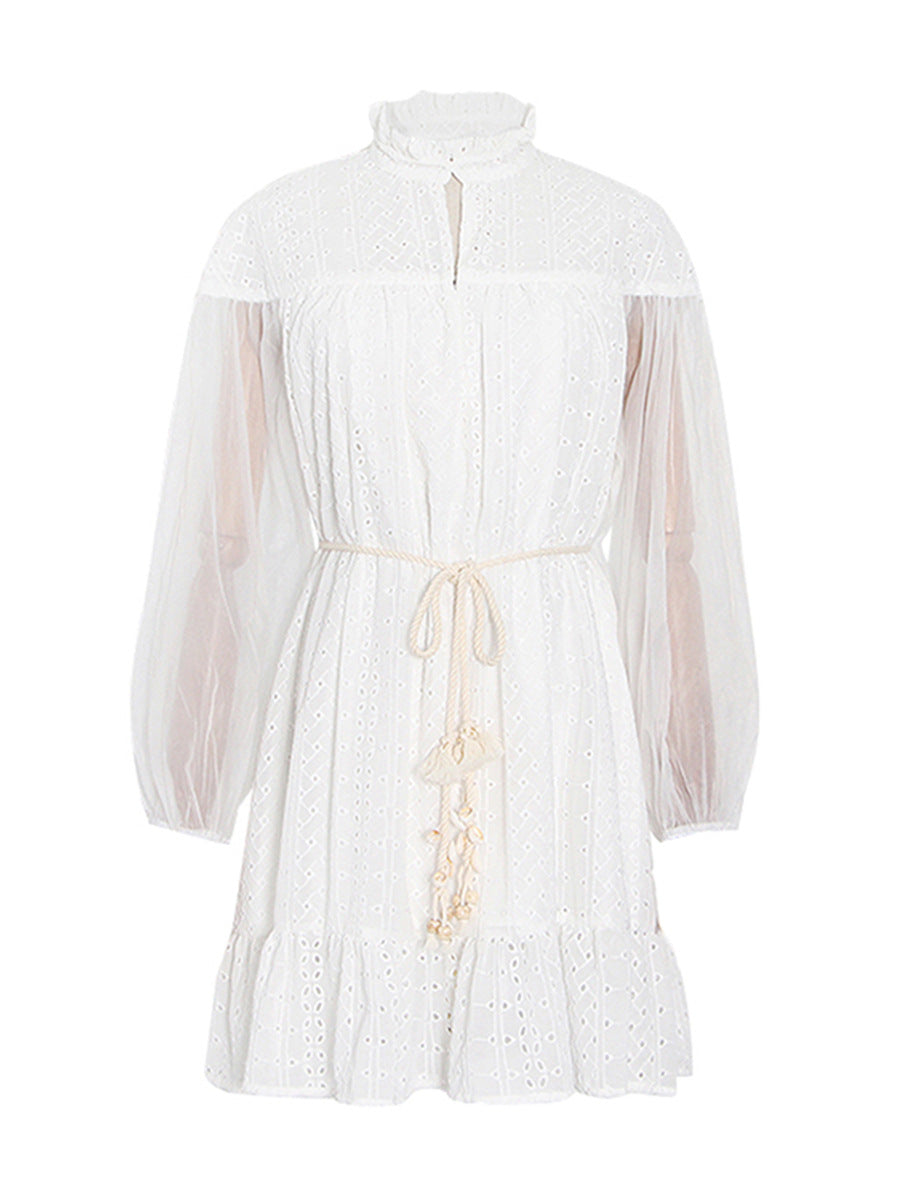 Vintage Dress Women's Dress 2025 Spring New Stand-Necked Lace Lantern Sleeve With Short Skirt