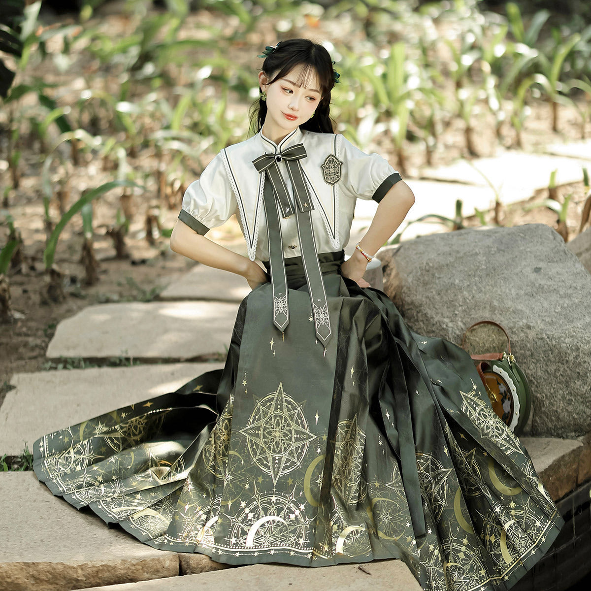 Mysterious Magic Chinese Style Improve The Chinese Element Of Women's Short-Sleeved Top Dress Dress Set 9065