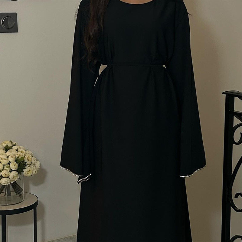 Fashion Loose Leek Solid Color Round Collar Waist-Purity Temperament Dress