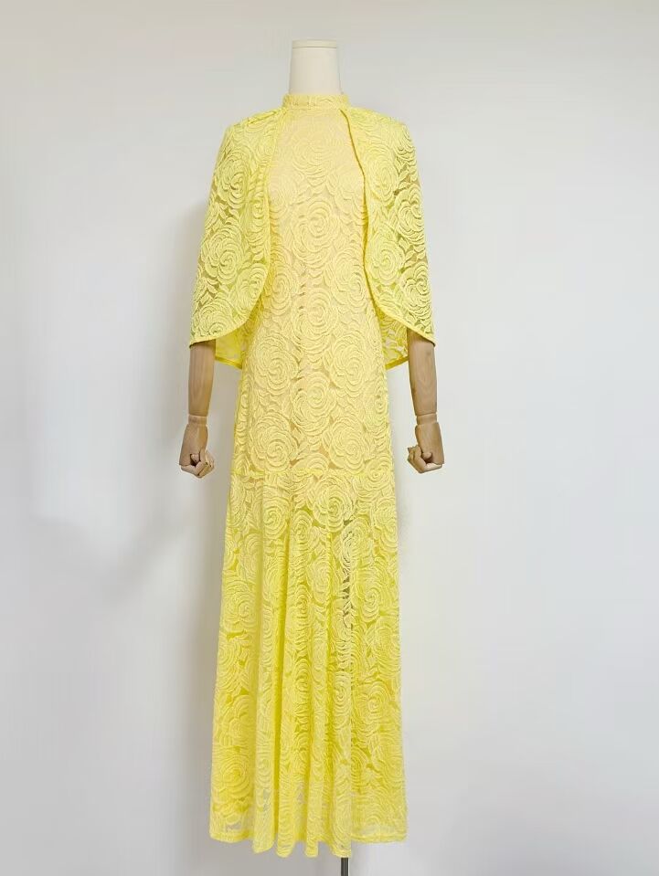 Ladies 2025 Spring Party Collar Shawl Stylish Elegant Yellow Lace Dress Dress Dress Dress Dress