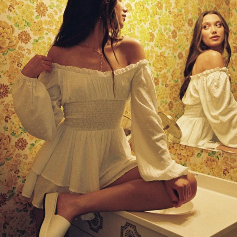 Decoration Shoulder-To-Shoulder Collar Long-Sleeved Dress Waist New High-End Elastic Lantern Sleeve Trousers Woman