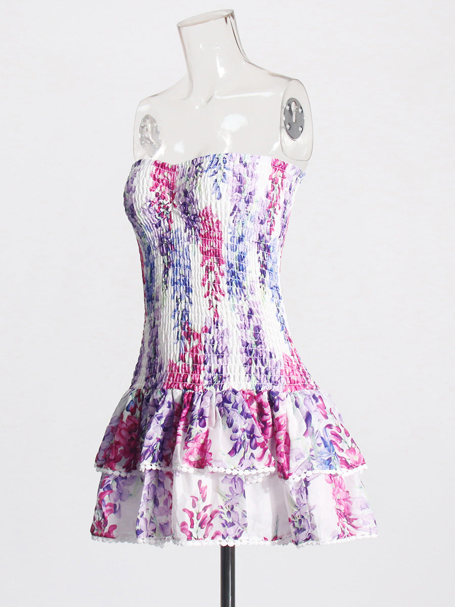 Holiday Style Dress 2025 Summer New Breast-Print Body-Wearing Short Skirt Girl With Lotus Leaf Side