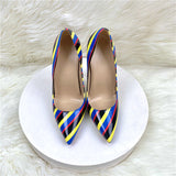 Color Striped High Heels 12CM Pointed Thin-Heeled Women's Shoes Banquet Shoes High Quality Shoes