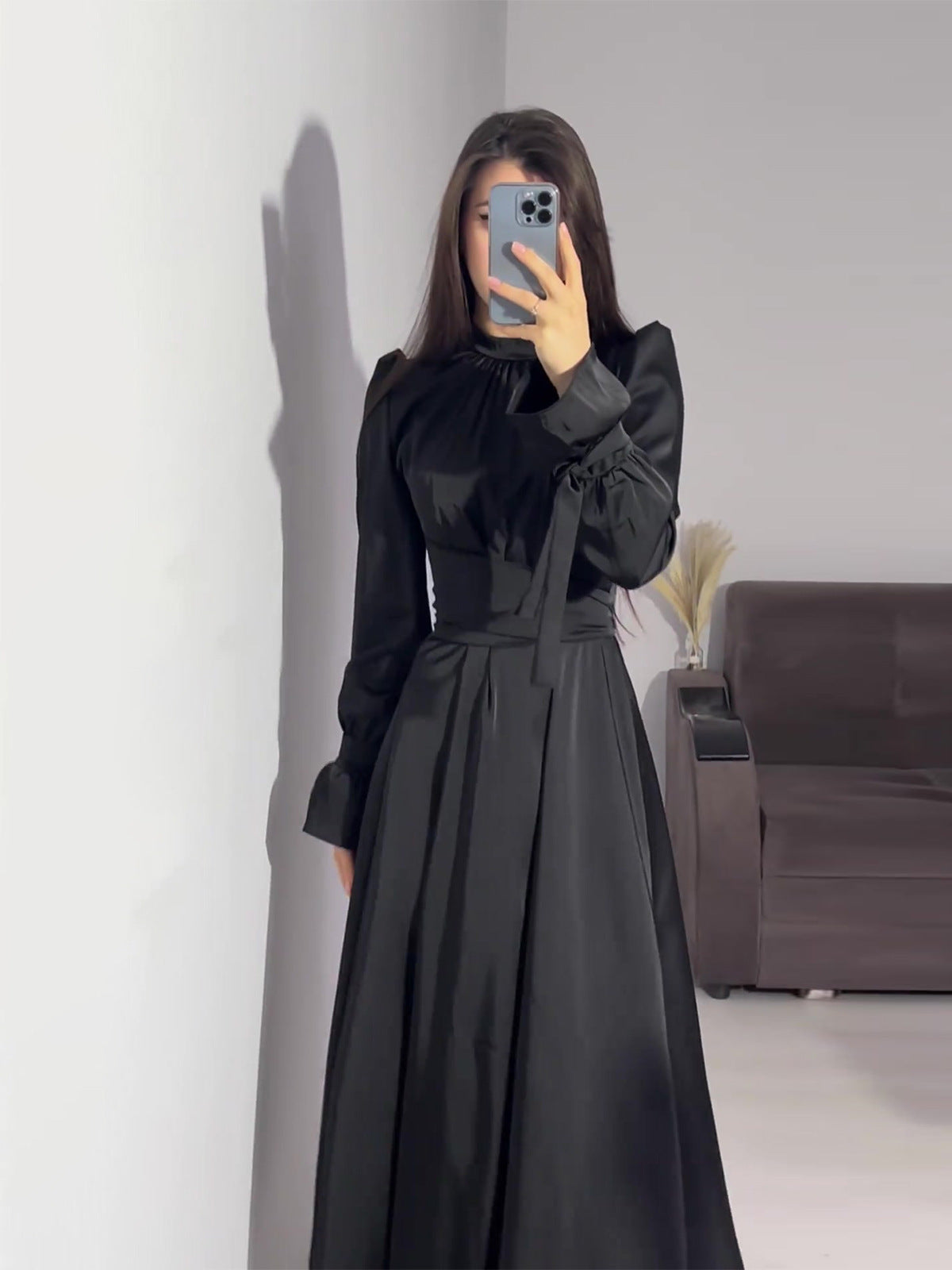 2024 New Waist-Skinny Strap Solid Color Long-Sleeved Dress Design Dress Dress Woman
