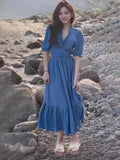 Women's New French Tea Rests On The Beautiful Solid Color Waist Temperament Long Skirt