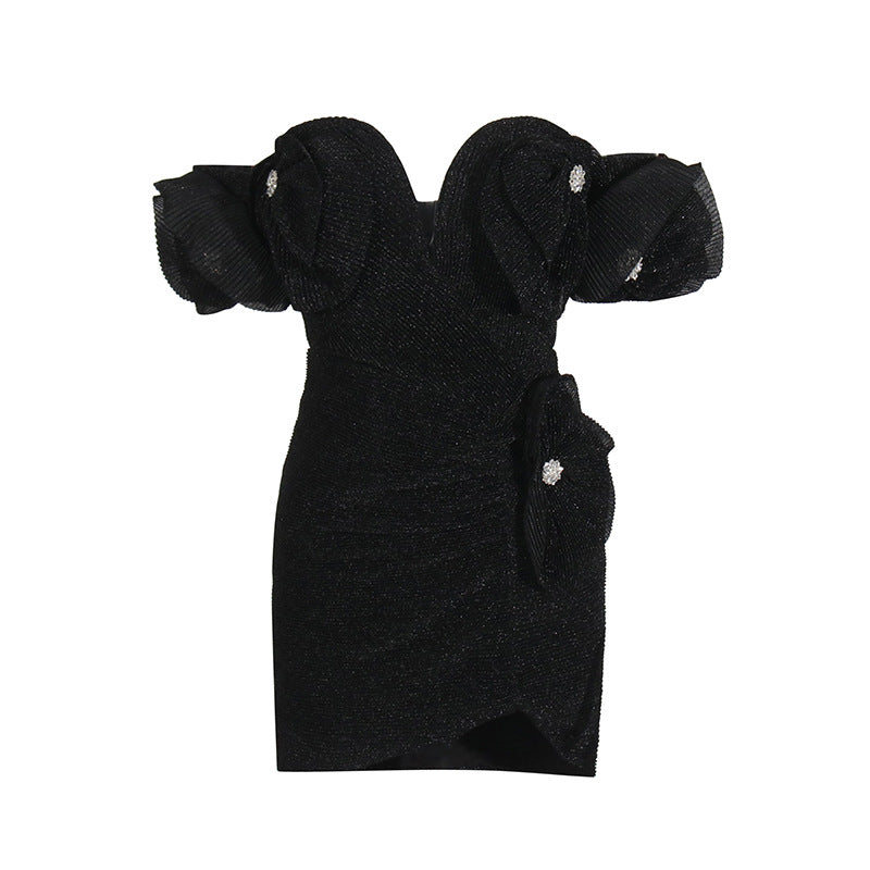 Folded Shoulder Three-Dimensional Flowers Splicing Short-Term Waist Small Dress 2025 Summer New Dress Woman