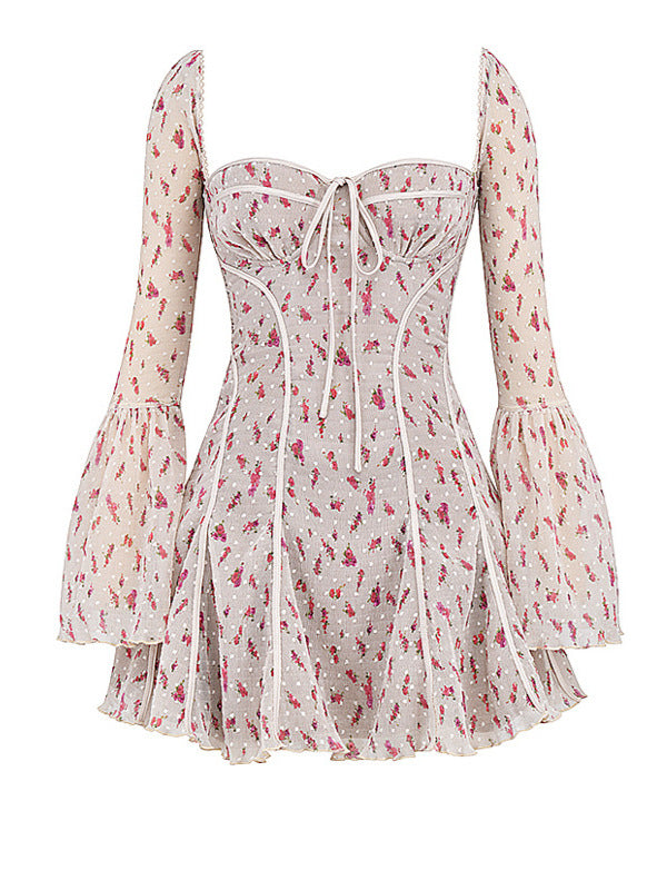 Lace New French Lightweight Heavyweight Short Dress Horn Sleeve Fish Bone Printed Dress Sexy Spice Girl HZ0628