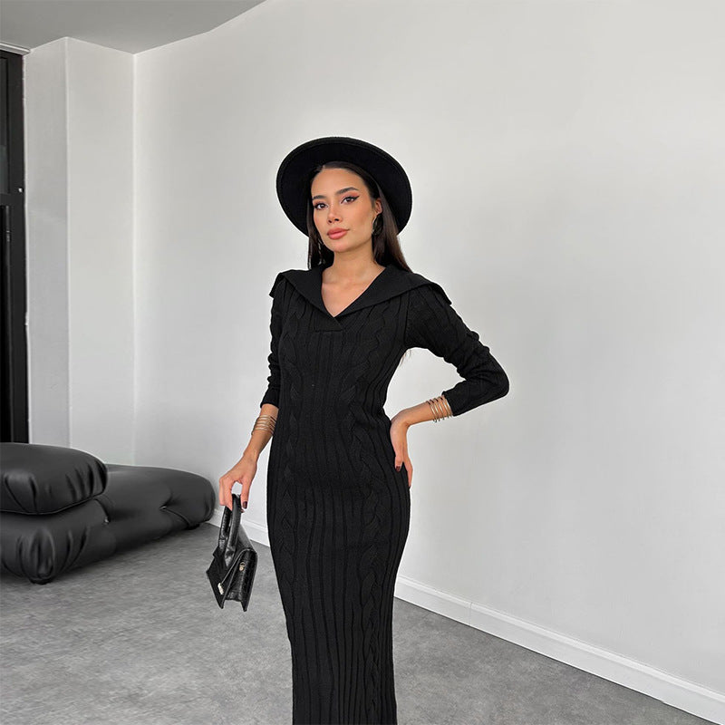 Fashion Knitted Solid Color In Autumn 2024 V-Neck Bag Hip Dress