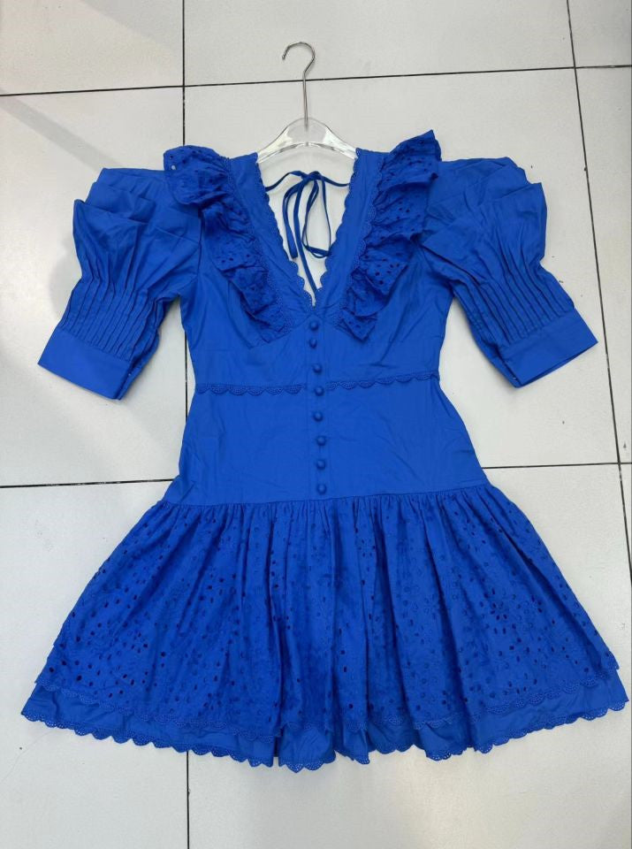 Style Sexy Deep V-Dressed With Lotus Leaf Side Bubble Sleeves Short-Sleeved Blue Dress Dress Dress Short Dress Woman