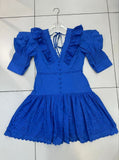 Style Sexy Deep V-Dressed With Lotus Leaf Side Bubble Sleeves Short-Sleeved Blue Dress Dress Dress Short Dress Woman