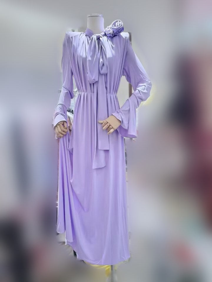 Early Autumn Famous Rose Three-Dimensional Flower Horn Sleeve Sexy Open Fork Gentle Dress Dress