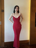 Shuxin's French Elegant Temperament V Collar Lace Tight Long Red Sling Dress Woman 2025