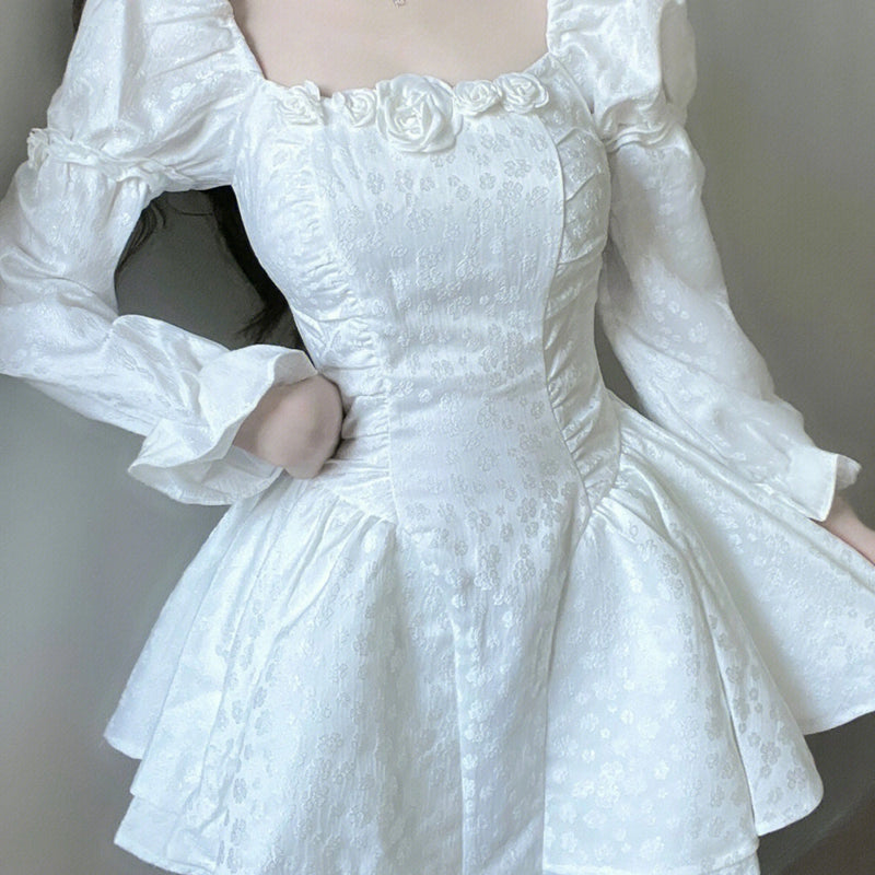 Gown Square Neckline White Lace Holiday Dress Birthday Dresses Birthday Outfits SD1241