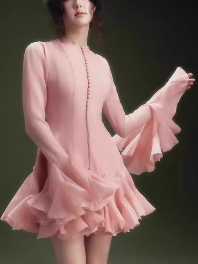 2025 Long-Sleeved Dating Dress Lotus Edge Cut Dress White Short Dress