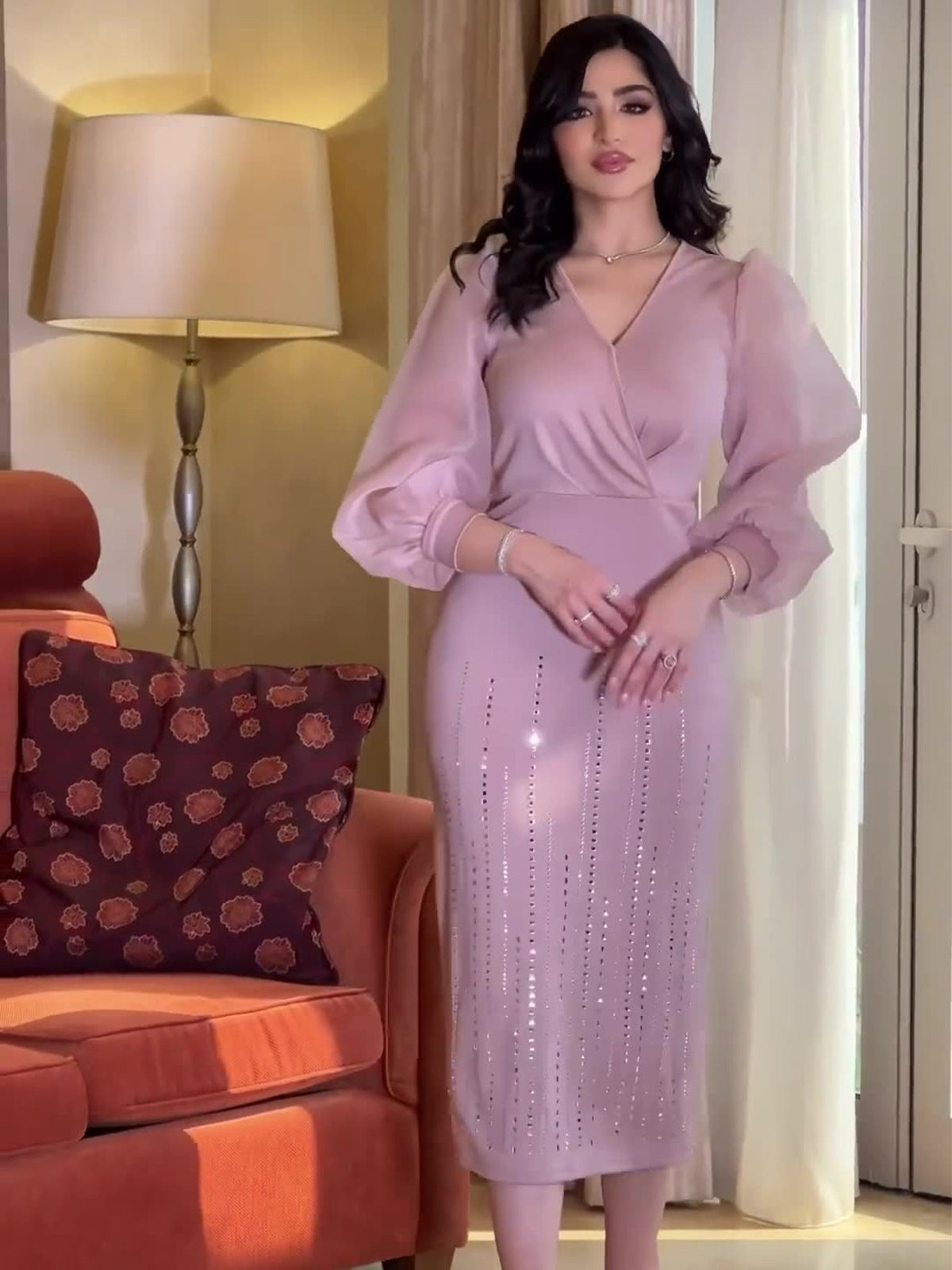 2025 Autumn New V-Neck Mesh Shalin Elegant Thin Lantern Sleeve Dress Woman
