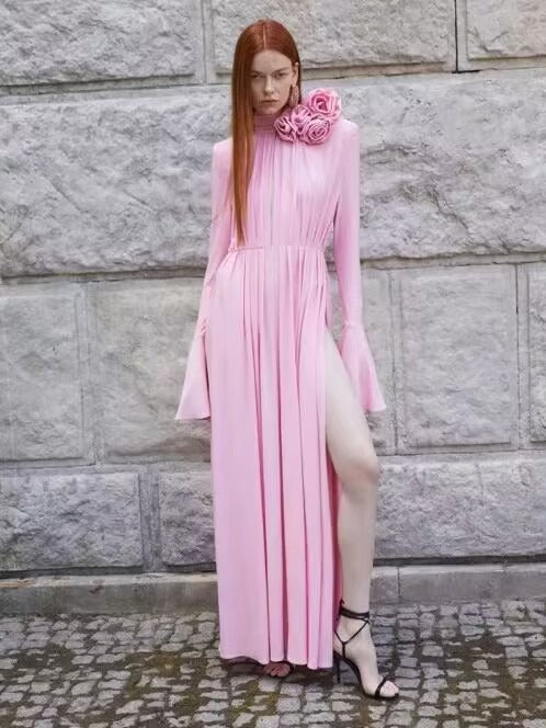 Early Autumn Famous Rose Three-Dimensional Flower Horn Sleeve Sexy Open Fork Gentle Dress Dress