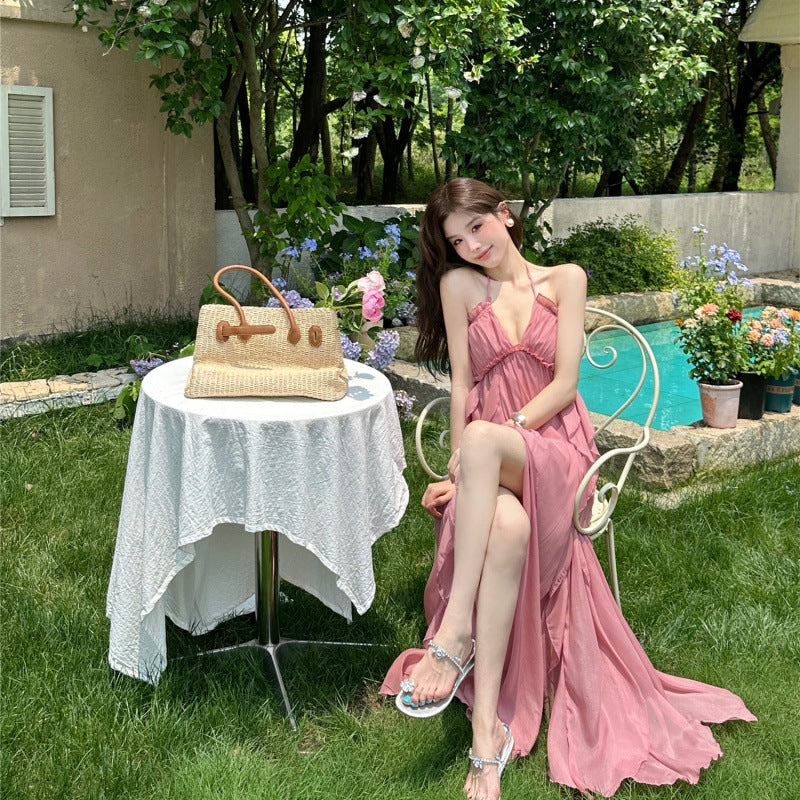 Lotus Leaf Side Pink Holiday Hanging Back Hanging Neck Sling Dress Female Atmosphere Feel Seaside Take Pictures Long Skirt