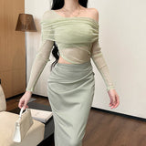 Shoulder Mesh Splicing Sexy Long-Sleeved Dress Woman 2025 Spring And Summer New Pure Lust Style Dress DJPT