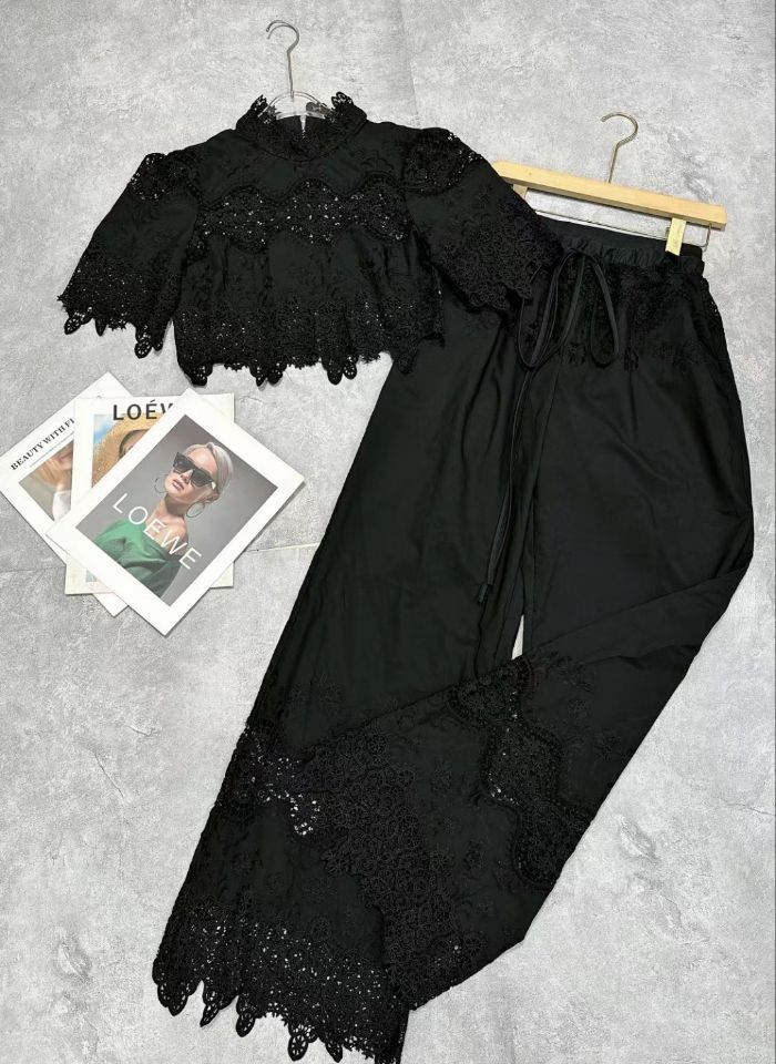 Collar Short-Sleeved Lace Top + Tight Waist Tie With Lace Spliced Wide Leg Trousers Set Woman