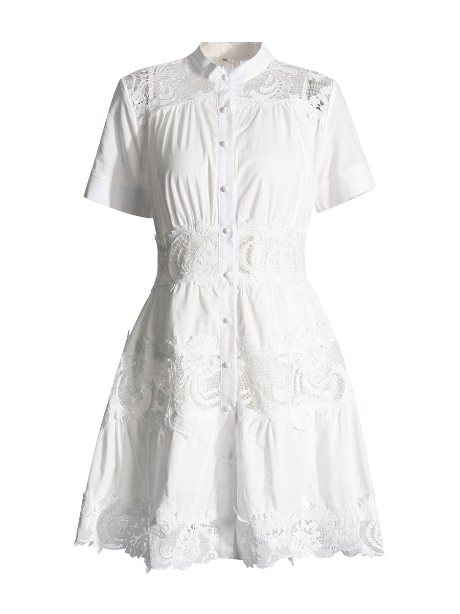 Retro Court Style Dress 2025 Spring New Heavy Industry Court Wind Hollow Waist Short Dress Woman