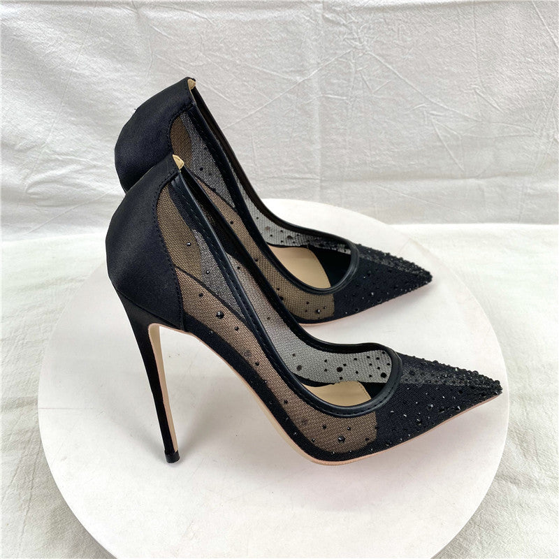 2025 New Breathable Mesh Drill High Heels 12CM Tip Finger Fine Heeled Women's Shoes High Quality Shoes