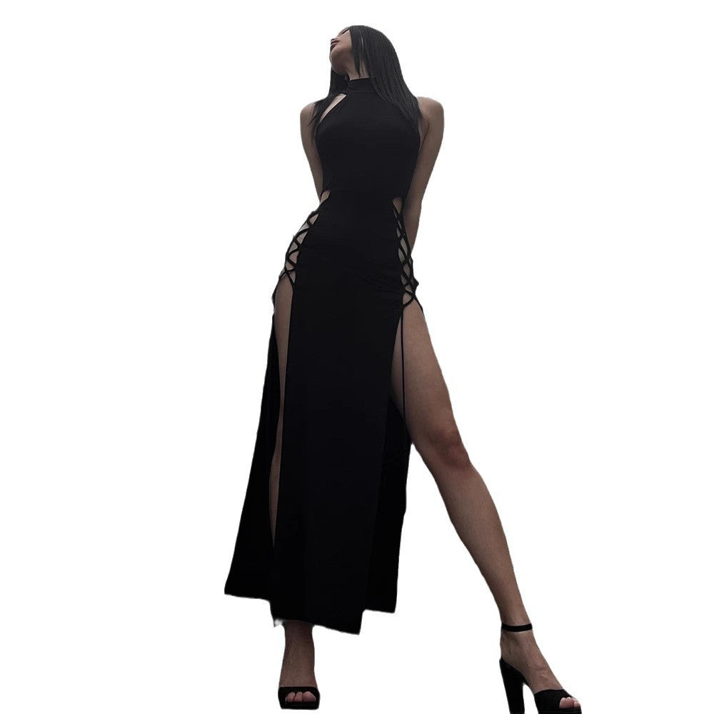 Summer New Hottie Black Dress Sexy Hanging Neck Hollow Double Open Fork Dress Woman DJPT